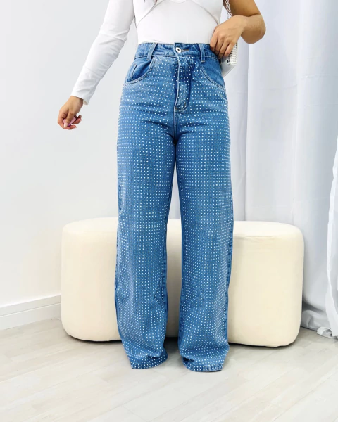 wide leg jeans strass pedraria - comprar online