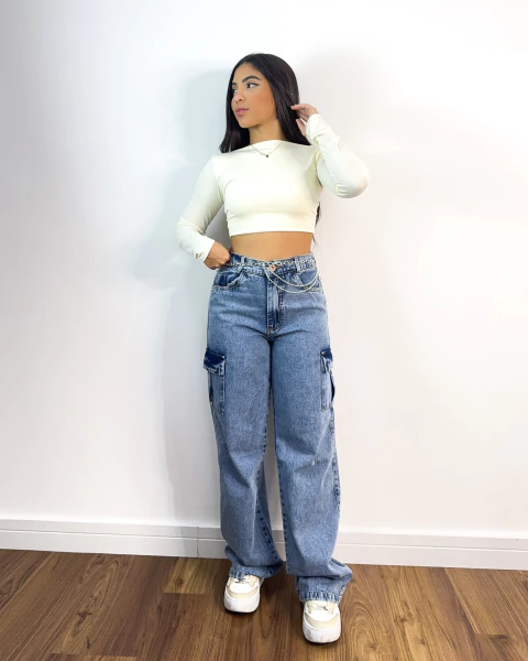 Calça cargo jeans marmorizada lisa