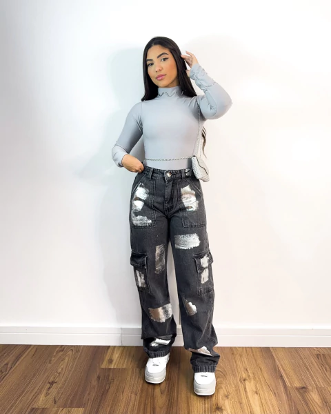 Calça cargo jeans grafite mancha prata