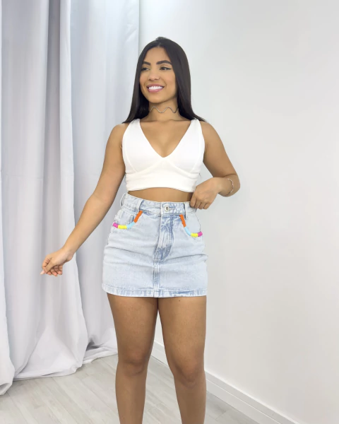 Saia jeans bordado color