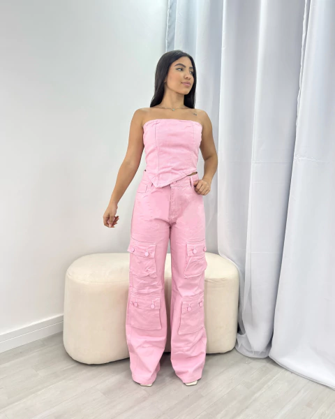 Conjunto jeans calça cargo rosa