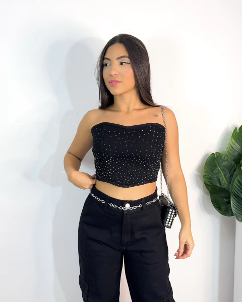 Corset jeans preto strass - comprar online