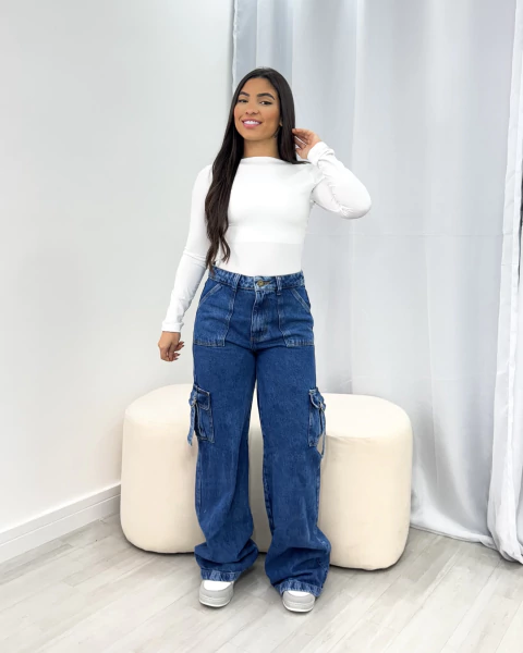 Calça cargo jeans fivela escura