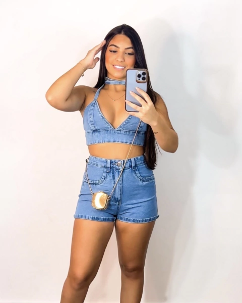 conjunto short jeans decote V