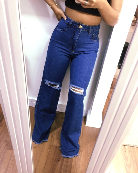 calça wide leg rasgo joelho
