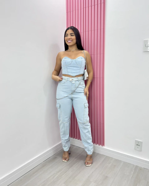 Conjunto jeans cargo barbatana claro