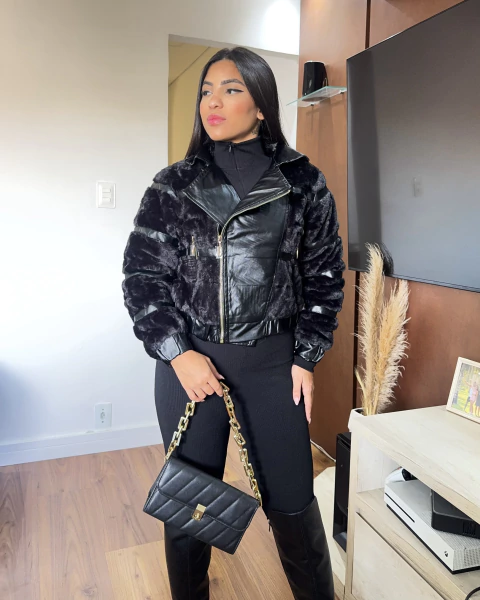 Jaqueta pelúcia couro preta - comprar online