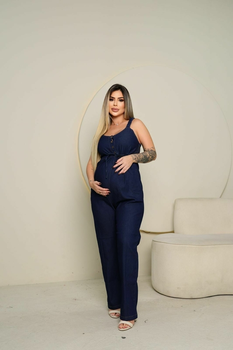 Macacão Gestante Bruna Jeans Longo de Amamentar - comprar online