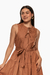 Vestido midi en color moca con detalle de lazo en el escote y falda de volantes. Mod. Leyre sku. 34810