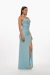 Vestido largo cruzado de color azul claro, con tirantes finos y abertura en la pierna. Mod. Agnese Sku. 34110