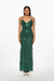 Vestido largo verde con lentejuelas, con tirantes finos y un diseño ajustado que resalta la figura. Mod. Queta sku. 33880