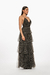 Vestido largo negro con lunares en tul, ideal para ocasiones especiales y eventos elegantes. Mod. Jackie Sku. 33888
