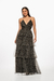 Vestido largo negro con lunares en tul, ideal para ocasiones especiales y eventos elegantes. Mod. Jackie Sku. 33888