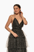 Vestido largo negro con lunares en tul, ideal para ocasiones especiales y eventos elegantes. Mod. Jackie Sku. 33888