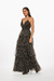 Vestido largo negro con lunares en tul, ideal para ocasiones especiales y eventos elegantes. Mod. Jackie Sku. 33888