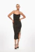 Vestido negro de corte ajustado con detalles de joyas y tirantes finos. Mod. Tiziana Sku. 33997