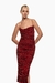 Vestido vino de corte ajustado con detalles de joyas y tirantes finos. Mod. Tiziana Sku. 33997
