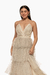 Vestido largo negro con lunares en tul, ideal para ocasiones especiales y eventos elegantes. Mod. Jackie Sku. 33888
