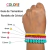 Guia de tamanhos de rondelas de cristal em pulseiras no pulso, mostrando medidas de 3mm, 4mm, 8mm, 10mm e 12mm com diferentes cores