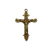 Pingente de cruz com figura de Cristo em acabamento ouro velho, medindo 48x34mm.