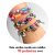 Três pulseiras coloridas feitas de miçangas, exibidas em um braço, com detalhes em metal e peças decorativas.