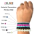 Guia de tamanhos de pérolas ABS mostrando diferentes diâmetros de 4mm a 14mm em pulseiras coloridas no pulso de uma mão.