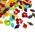 Mix Pingente Frutinha 250g com diversas pedrarias coloridas em forma de frutas, como uvas, cerejas e maçãs.