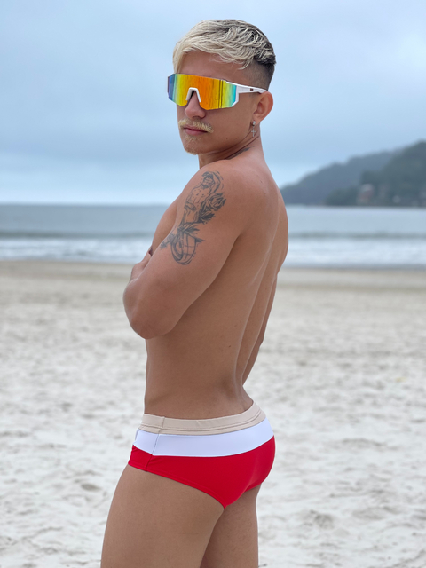 SUNGA BEGE E BRANCA C/ VERMELHO 4CM A 15CM LATERAL!