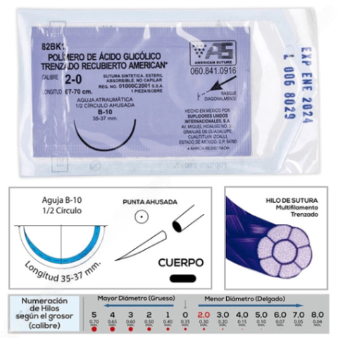 ACIDO GLICOLICO T.R. CAL. 2-0/L: 67-70CM/AGUJA B-10 C/1 PZA AMERICAN
