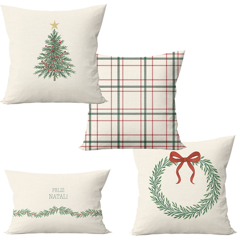 Kit 4 Capas de Almofadas Natal – Estampas Clássicas com Laço de Veludo 3D