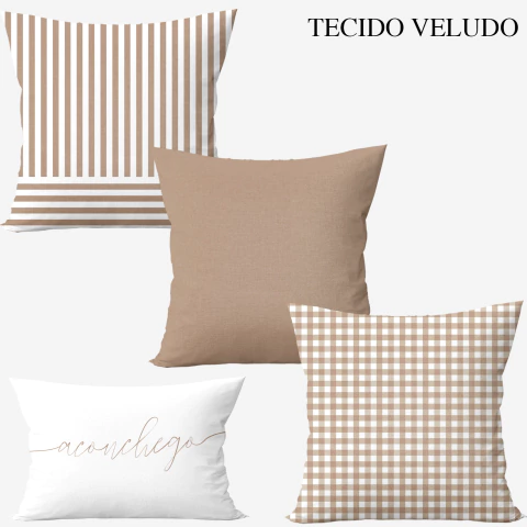 Kit 4 capas de almofadas no veludo estampa aconchego - xadrez e listras bege - comprar online