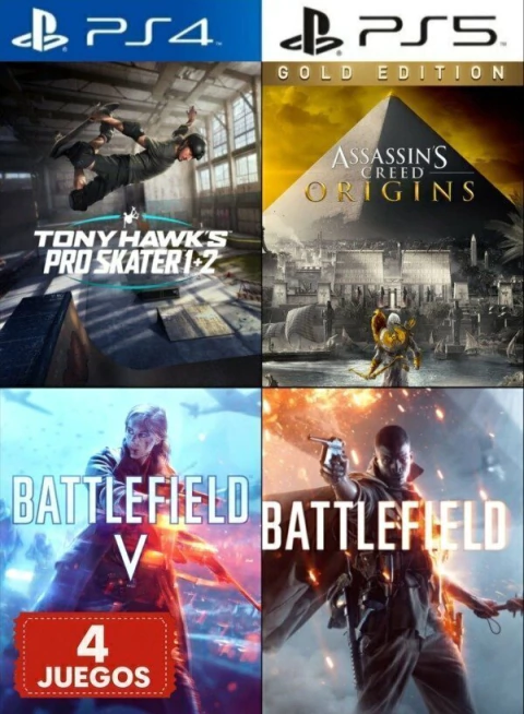 PACK DE 4 JUEGOS PS4/PS5 TONY HAWK 1+2 + AC ORIGINS GOLD + BFV + BF1 REVOLUTION - comprar online
