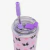 Copo térmico inox 300ml com estampa de pandinha, tampa transparente com canudo de aço inoxidável e protetor de silicone roxo