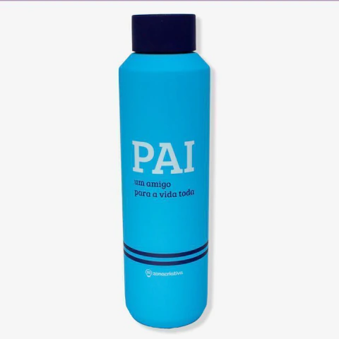 Garrafa térmica azul com tampa preta, com frase "PAI um amigo para a vida toda" estampada na lateral