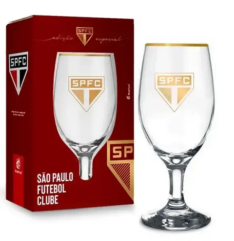 Taça de vidro transparente com capacidade de 330 ml personalizada com o escudo do São Paulo Futebol Clube em detalhes dourados, acompanhada da embalagem vermelha com o logo do clube.