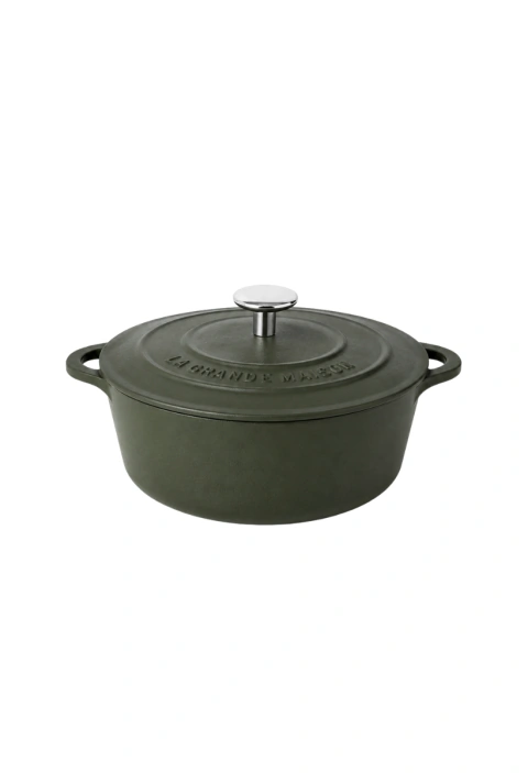PANELA CAÇAROLA DE FERRO ESMALTADA COM TAMPA I PEGADOR DE METAL CROMADO I 28 CM I VERDE FOSCA I LINHA GRANDCHEF
