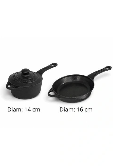 PANELA COM CABO DE FERRO ESMALTADA COM TAMPA I PEGADOR DE BAQUELITE I 14 CM E FRIGIDEIRA DE FERRO ESMALTADA SEM TAMPA I 16 CM. AMBAS PRETA SEMI FOSCA