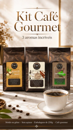 Kit (3 unidades) Café Gourmet Aromatizados 100% Arábica - 250g - Avelã & Mel, Baunilha com Canela e Chocomenta - MOÍDO