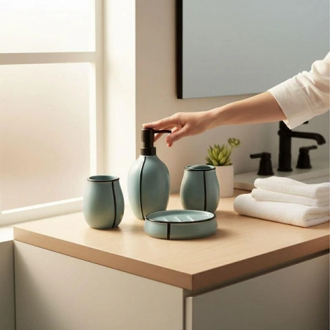 Set de Baño Cerámica 4 Piezas Celeste