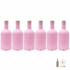 Seis botellas de gin Aconcagua Rosa Frutos Rojos, de color rosa con tapa de madera, dispuestas en fila.