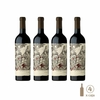 Cuatro botellas de vino Malbec Argentino de Catena Zapata, con etiqueta artística y elegante.