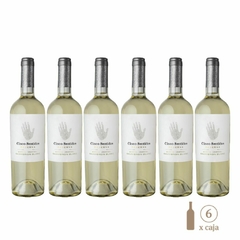 Seis botellas del vino blanco Cinco Sentidos Reserva Sauvignon Blanc de 750cc cada una.