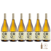 Seis botellas de vino Crux Chardonnay de 750 cc cada una, presentadas en una caja.