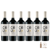 Seis botellas de vino Crux Malbec, 750 cc cada una, con etiquetas blancas y doradas.