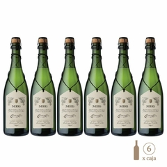 Seis botellas de espumante MEG Escorihuela Gascón Brut Nature, cada una de 750cc, con etiqueta distintiva.