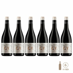 Seis botellas de vino GY Malbec-Cabernet Franc, con etiqueta decorativa y tapa de metal.