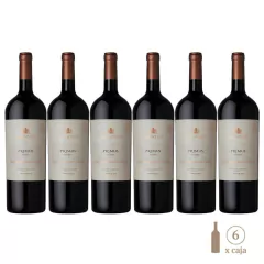 Vista de seis botellas de vino Salentein Primus Malbec, cada una de 750cc, con etiquetas elegantes que destacan el nombre y la variedad del vino.