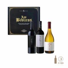 Estuche de vinos Sottano Los Bíblicos con tres botellas de 750 cc, incluyendo Cabernet Franc y Chardonnay.