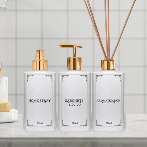 Kit Frasco de Vidro Square 250ml Sabonete Liquido Aromatizador e Home Spray + Etiqueta de identificação