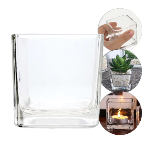 Adorno Porta Vela de Vidro Cristal 80ml Sem Tampa - Quadrado Pequeno (5x5cm)